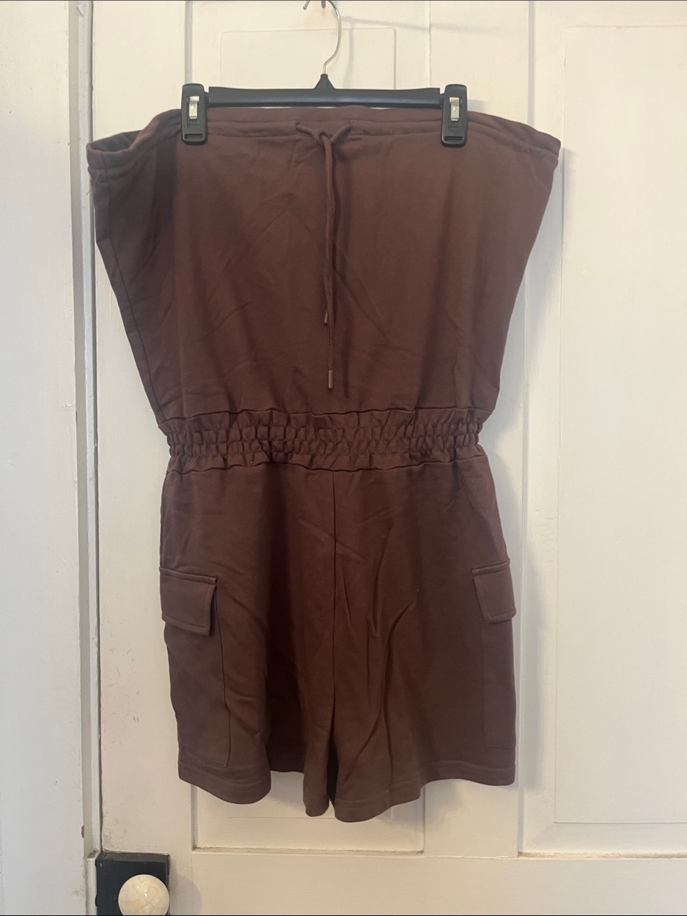 Strapless Brown Drawstring Waist Romper with Cargo Pockets